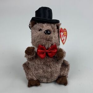 Ty Original 2008 Punxsutawney Phil Beanie Baby Brown Plush Black Hat Red Bow